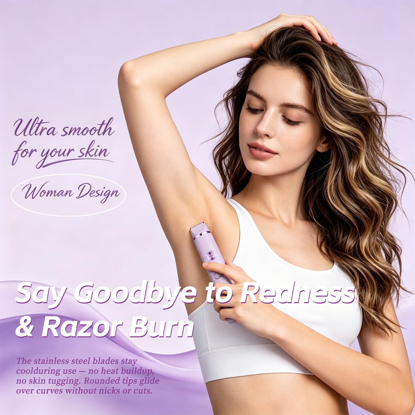 Generic bikini trimmer in shower being rinsed for easy wet use and hygienic cleaning