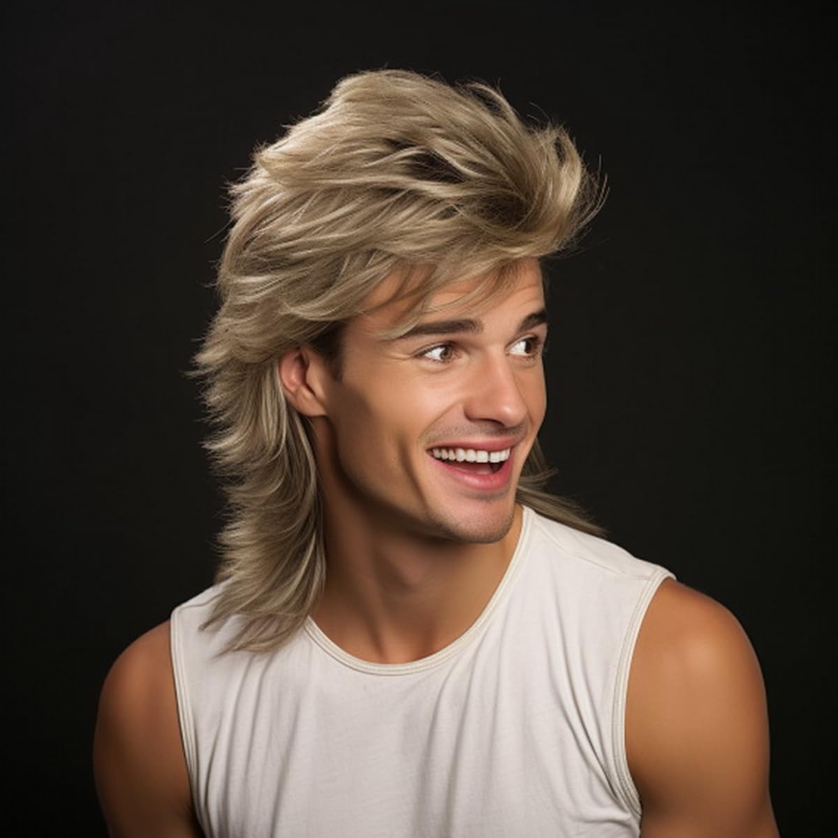 Generic blonde mullet front view showing natural-looking fringe and shape for instant style