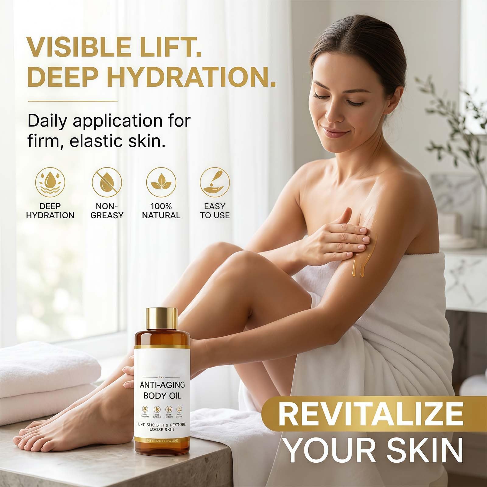 Generic applying body oil to forearm for hydration and smoothing benefit