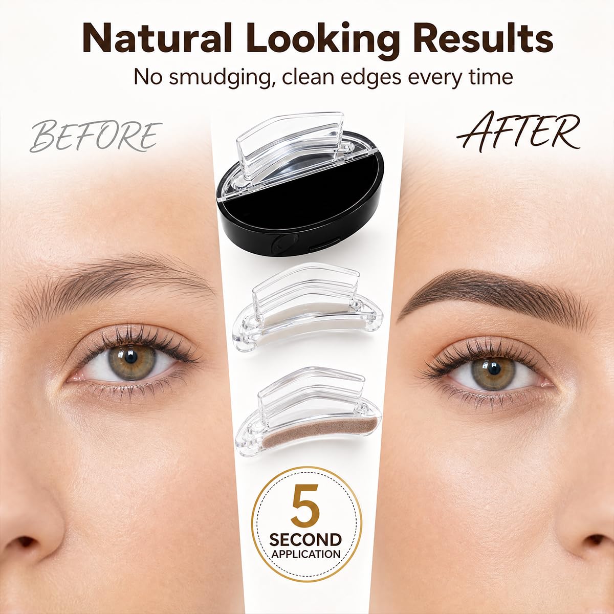 Generic eyebrow stamp in makeup bag lifestyle showing easy portability for touch-ups