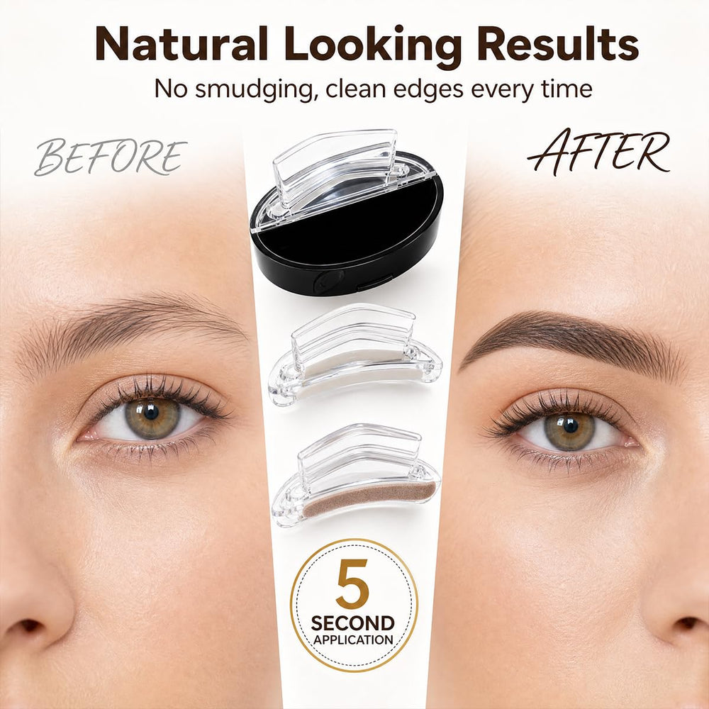 Generic eyebrow stamp in makeup bag lifestyle showing easy portability for touch-ups