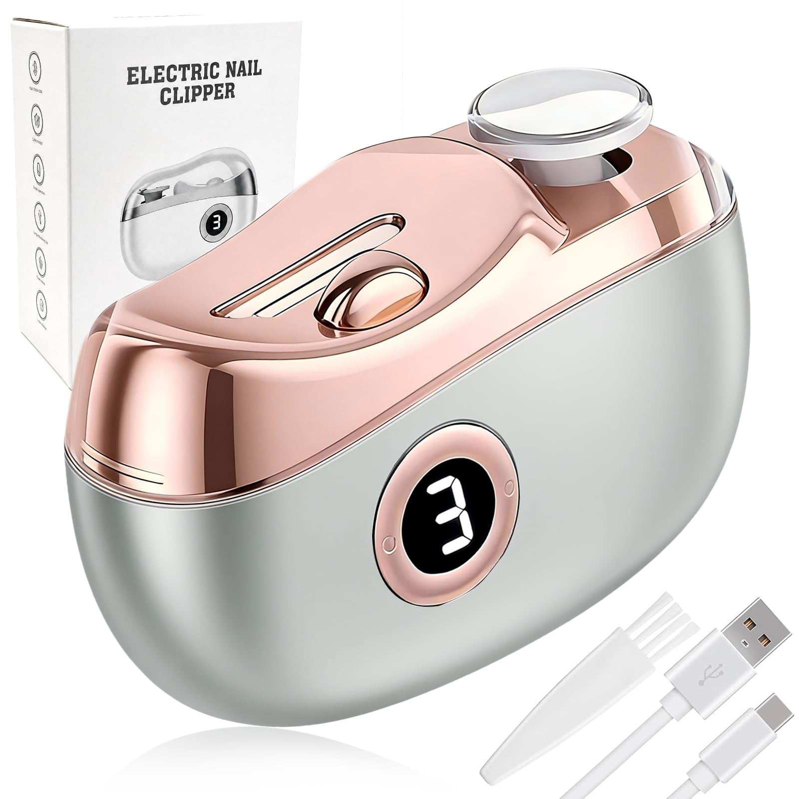 Generic electric nail clipper front view showing ergonomic shape and one-button use