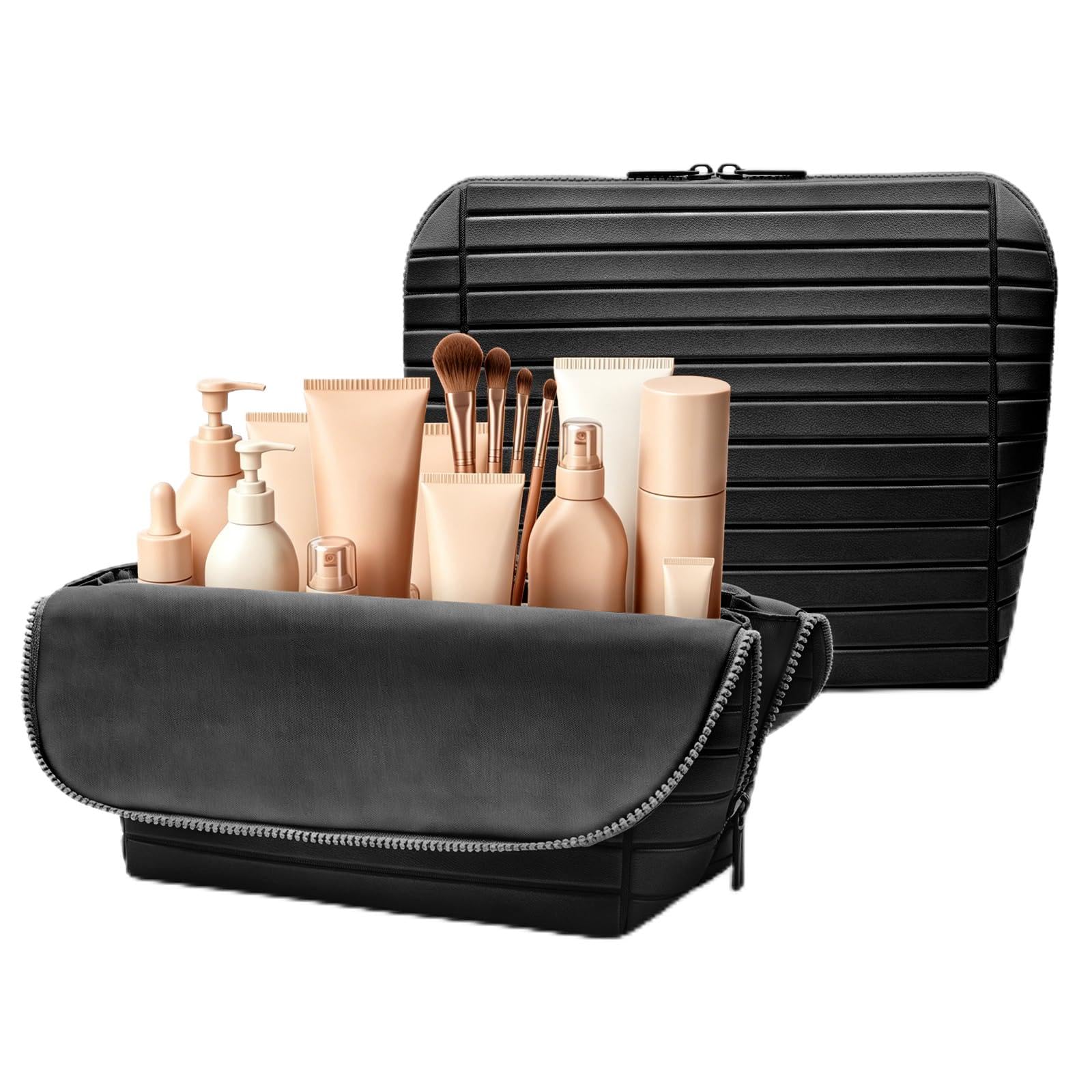 Generic fold-down front view showing organized travel makeup bag benefit visibility
