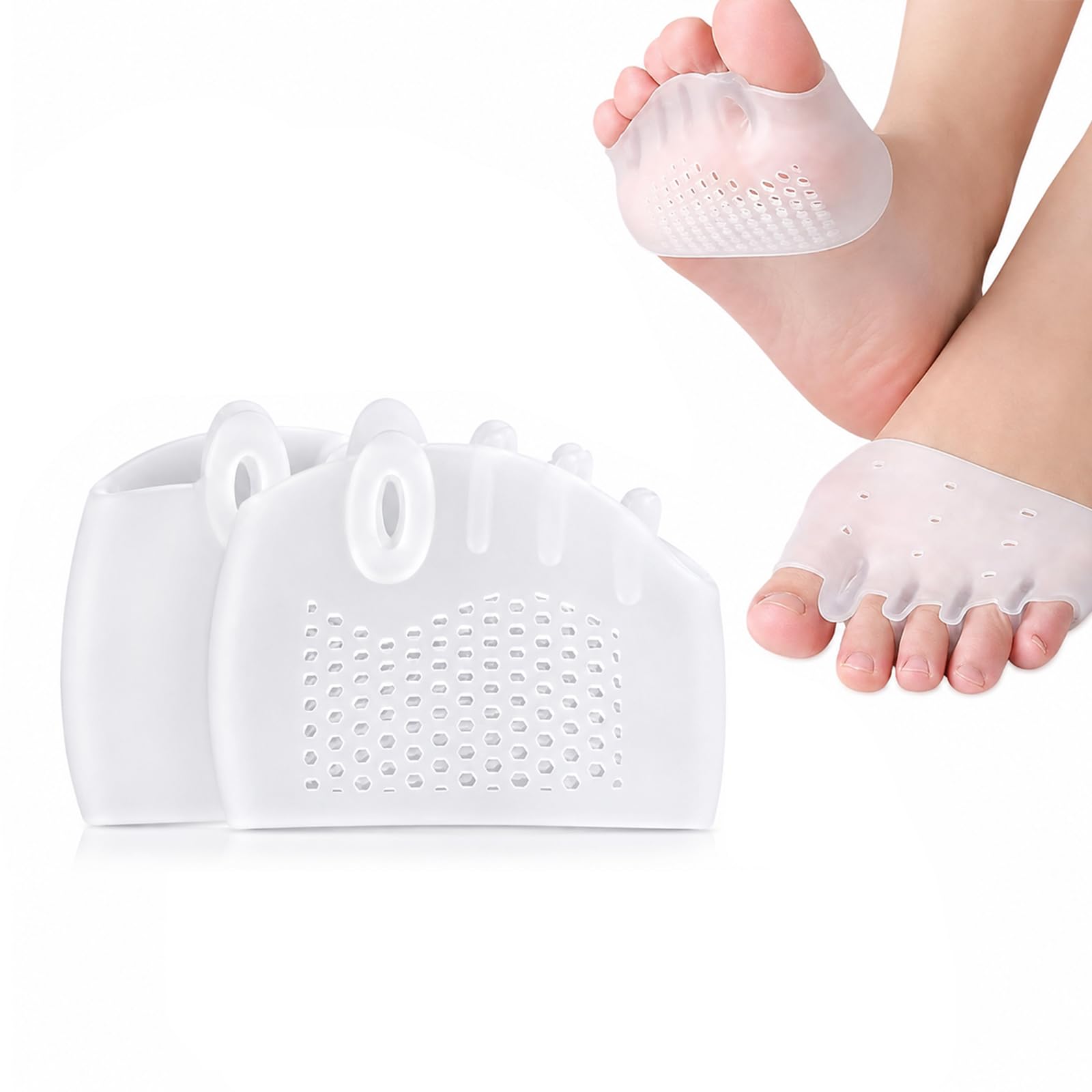 Generic transparent forefoot sleeve front view showing comfortable fit and discreet look