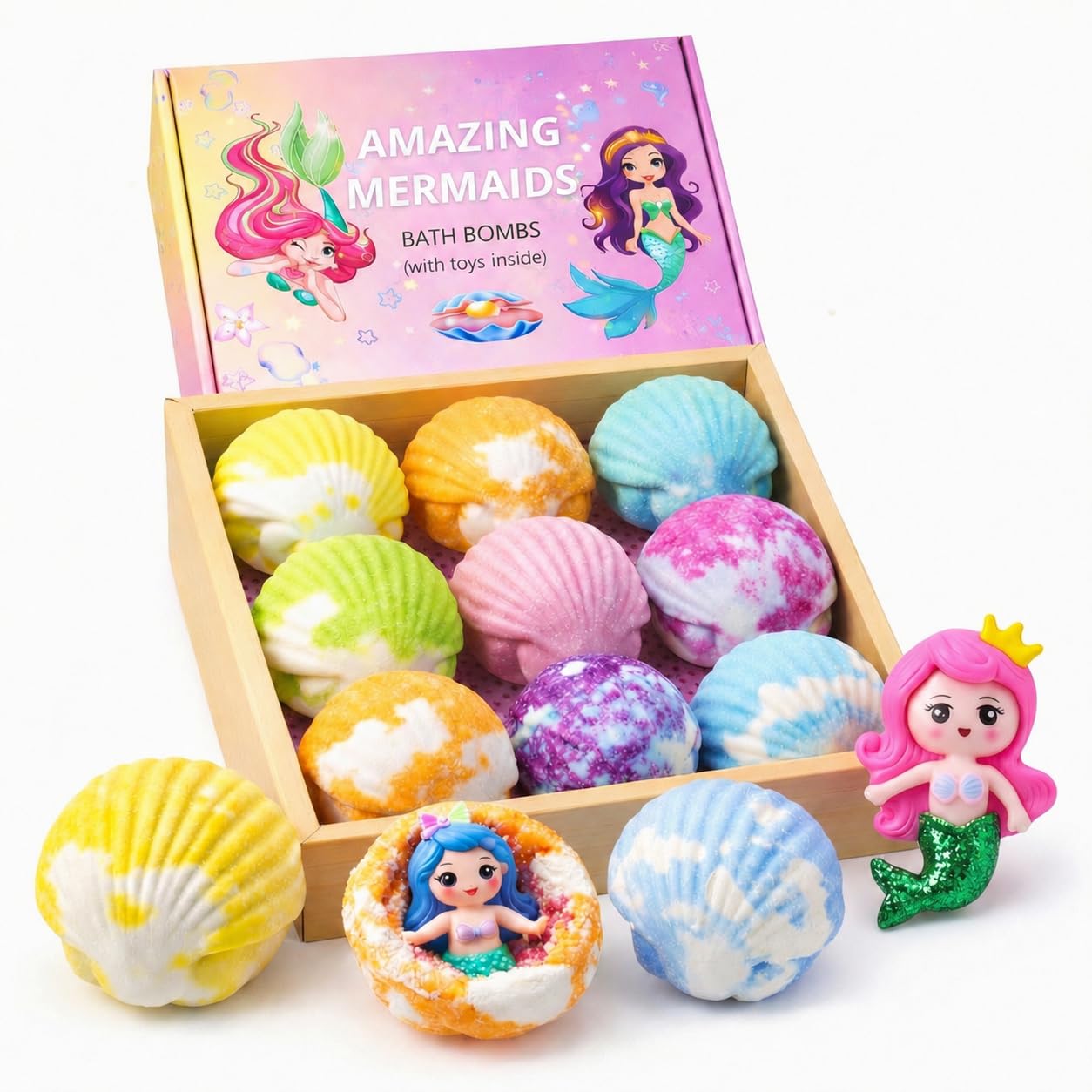 Generic front packaging showing nine mermaid bath bombs and gift-ready presentation