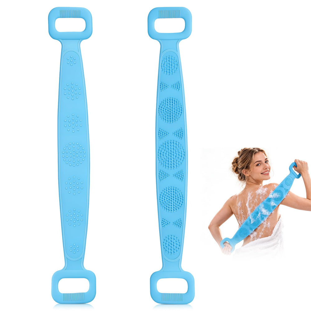 Generic front view of silicone back scrubber showing benefits for full back cleaning