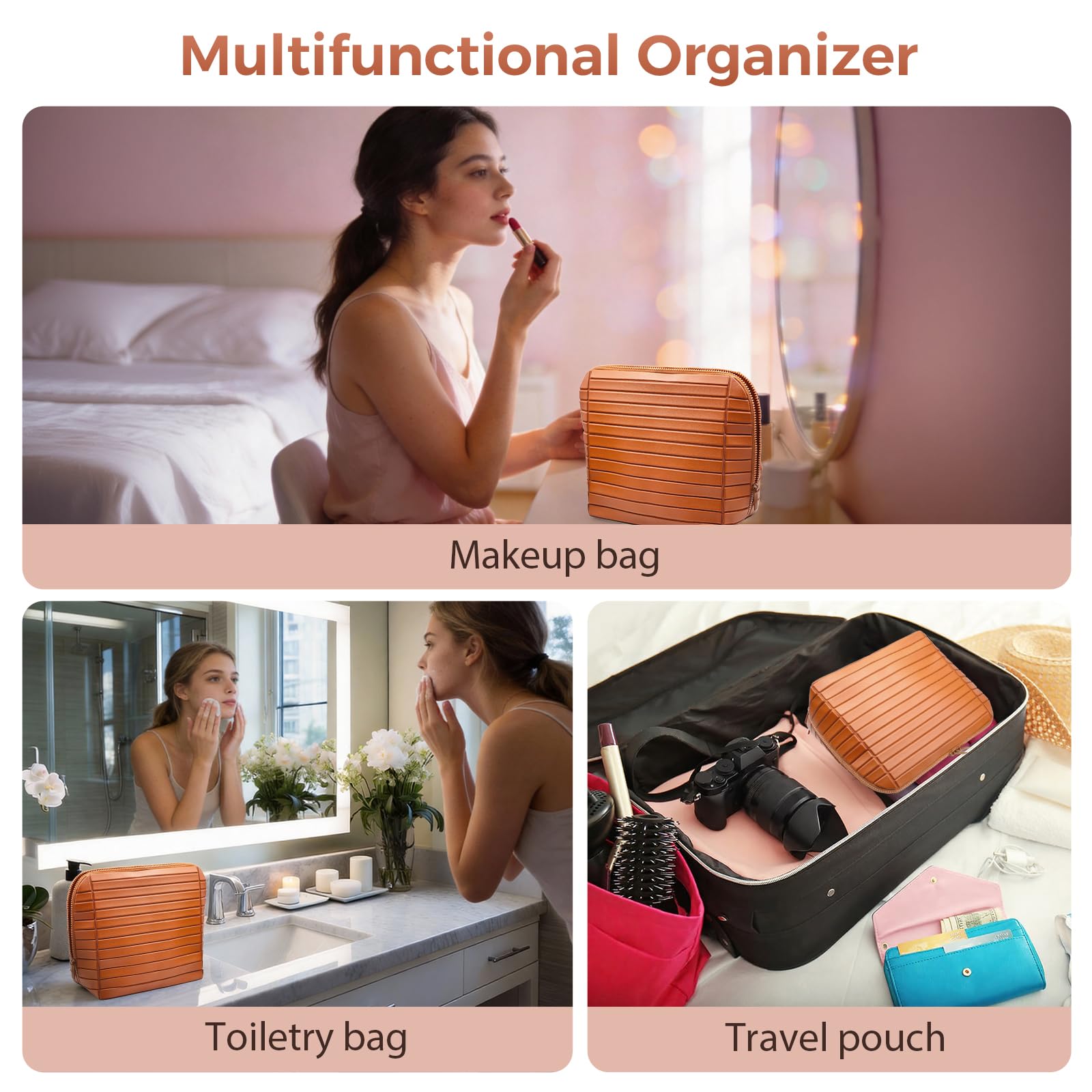 Generic organizer holding full-size bottles and palettes for travel convenience benefit
