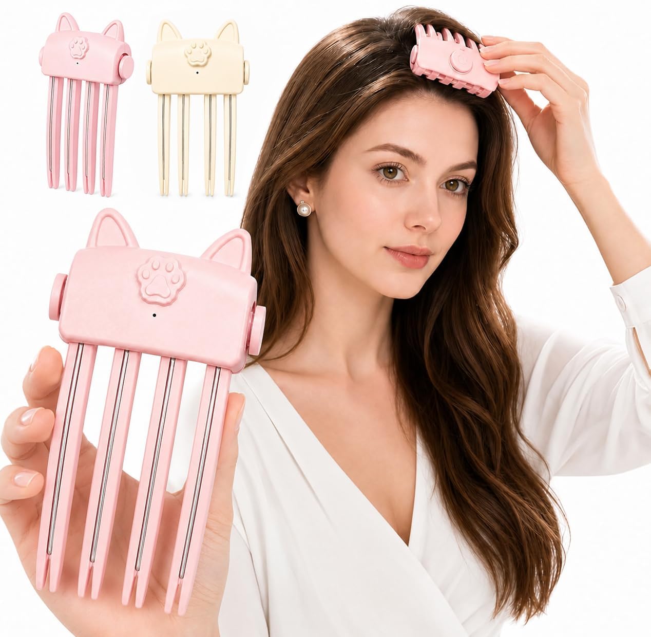 Generic heated root volumizer front view showing sleek pink design and clip for easy styling