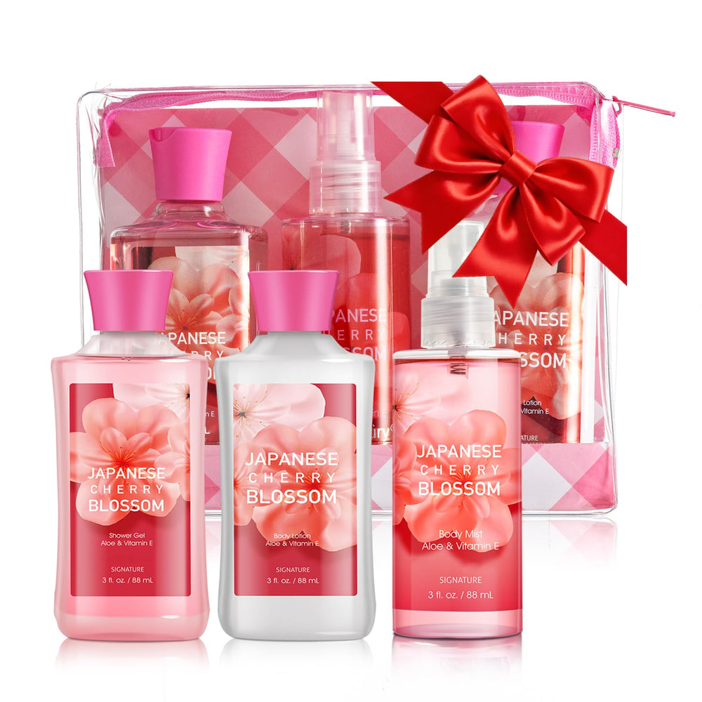Generic brand front packaging showing the three-piece cherry blossom set and gift appeal
