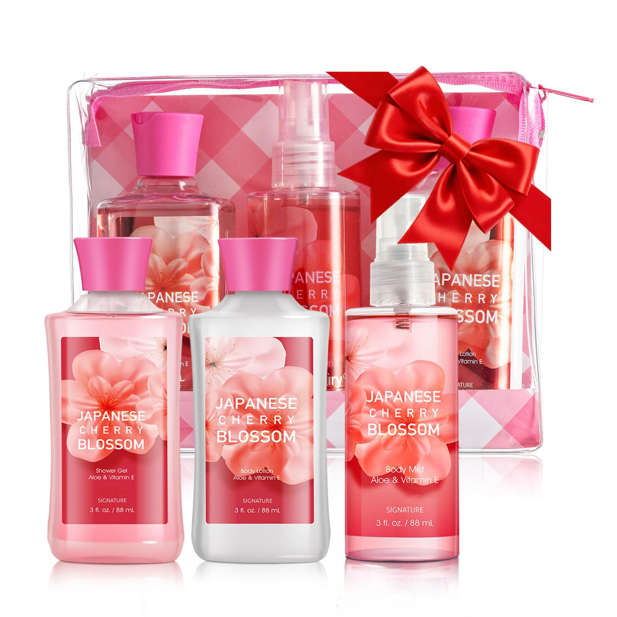 Generic brand front packaging showing the three-piece cherry blossom set and gift appeal