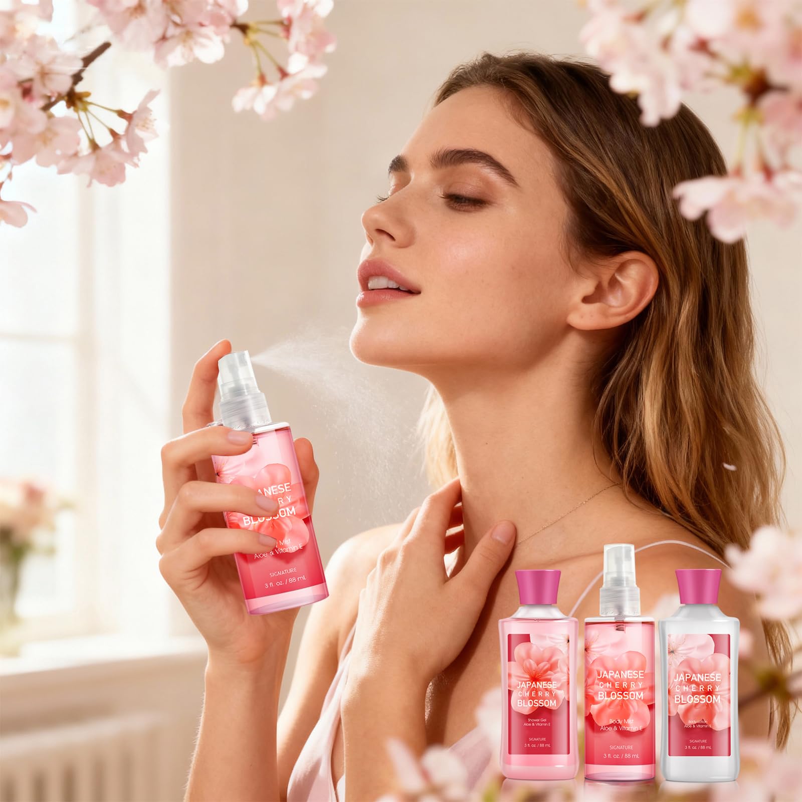 Generic brand body mist spraying into hand for quick floral refresh and light scent