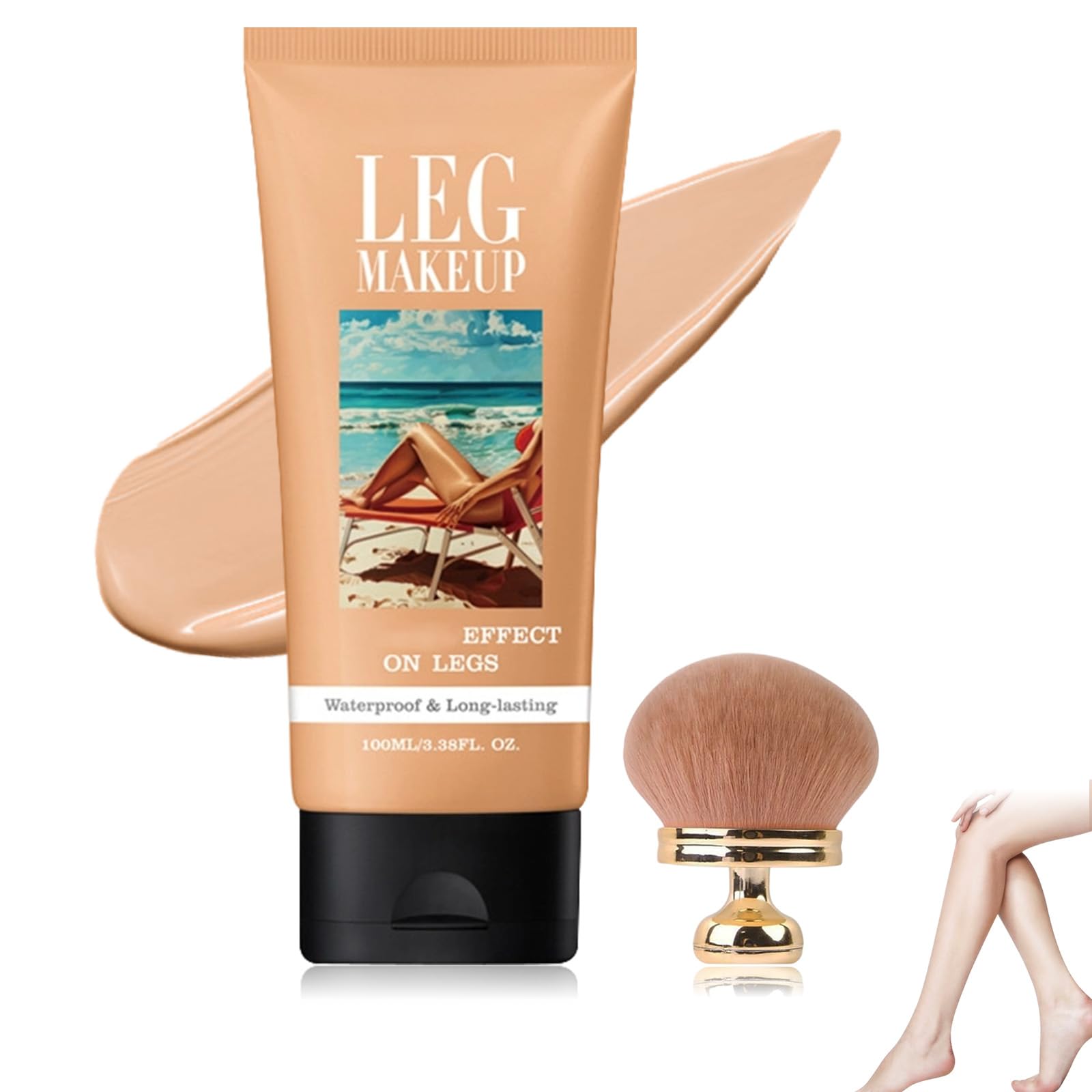 Generic legs makeup front packaging showing product and brush, professional benefit