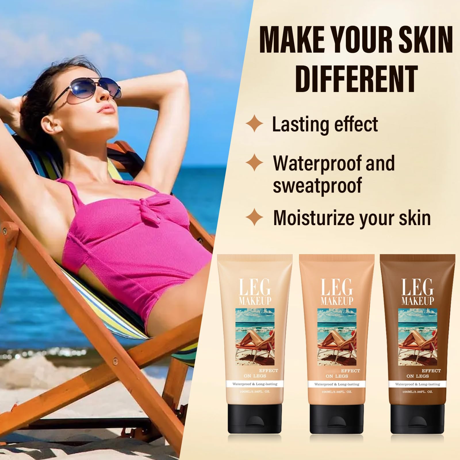 Generic legs makeup tube with 100ml scale showing amount and travel-friendly benefit