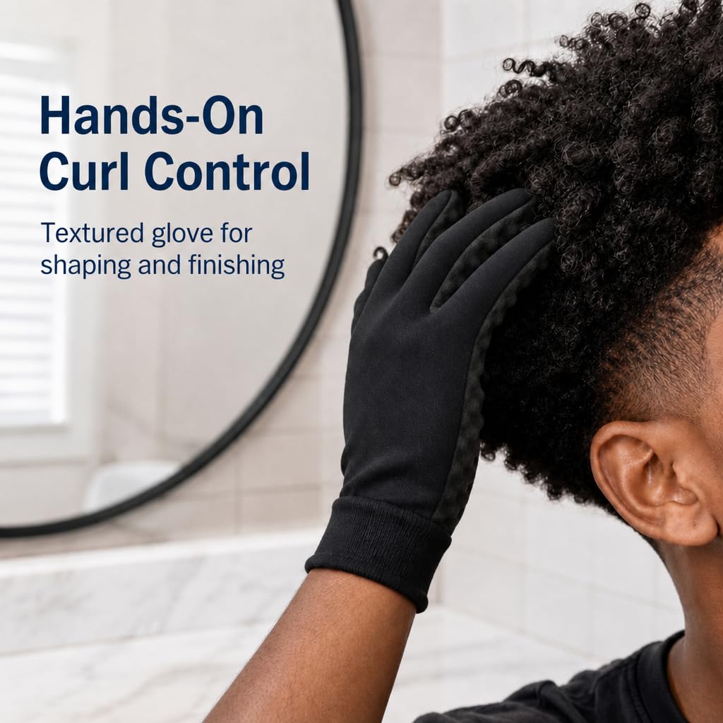 Generic model with natural curls wearing kit results for defined, voluminous hair