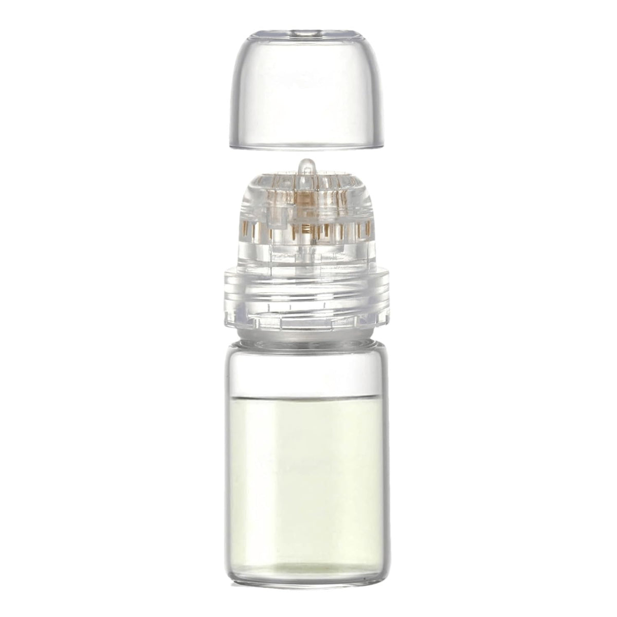 Generic micro infusion front view showing compact applicator and 5ml glass bottle, easy portability