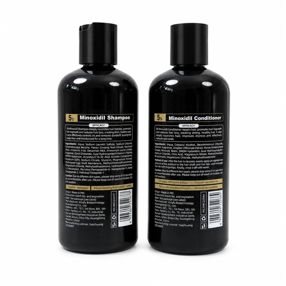 Generic minoxidil ingredients display with ginseng ginger biotin for scalp support