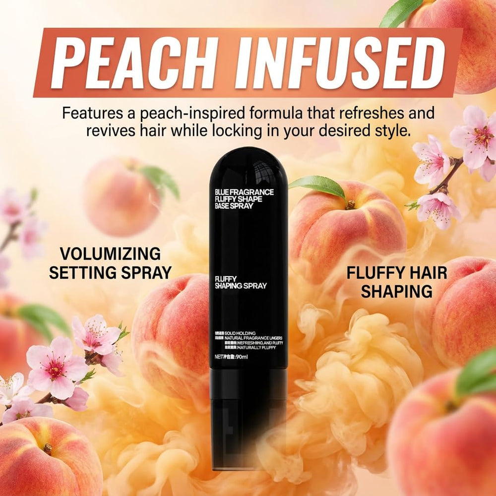 Generic Peach Volumizing Setting Spray before and after hair image showing added lift and fuller look