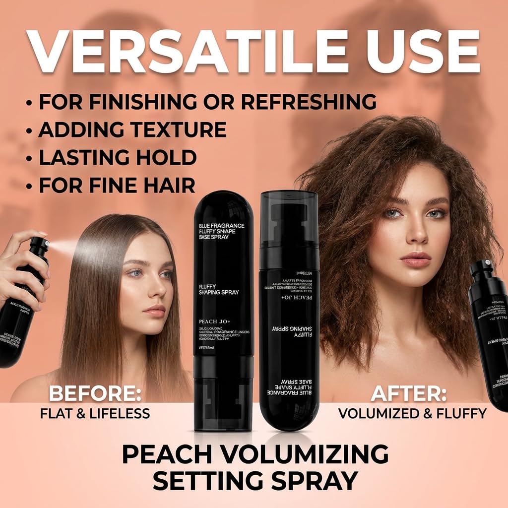 Generic Peach Volumizing Setting Spray on bathroom vanity in lifestyle scene indicating everyday use