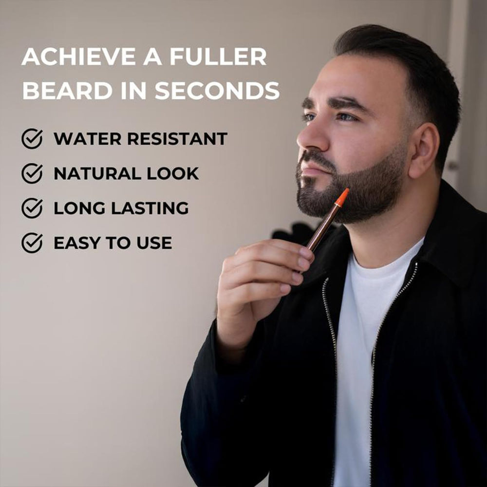 Generic pen in use applying hair-like strokes to beard for realistic fill and definition