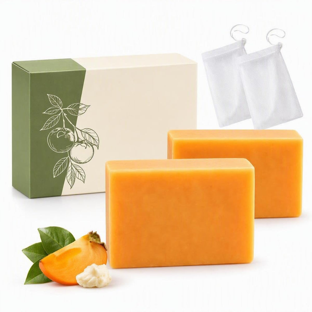 Generic persimmon soap front packaging showing two bars for easy selection and freshness