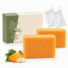 Generic persimmon soap front packaging showing two bars for easy selection and freshness