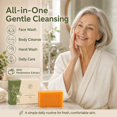 Generic persimmon soap foamy lather on hand demonstrating mild hydrating clean