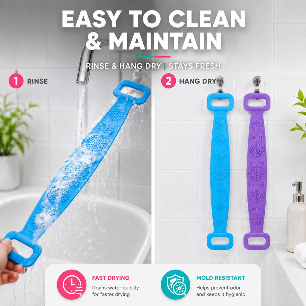 Generic scrubber hanging on shower drain showing quick-dry design that reduces odor buildup