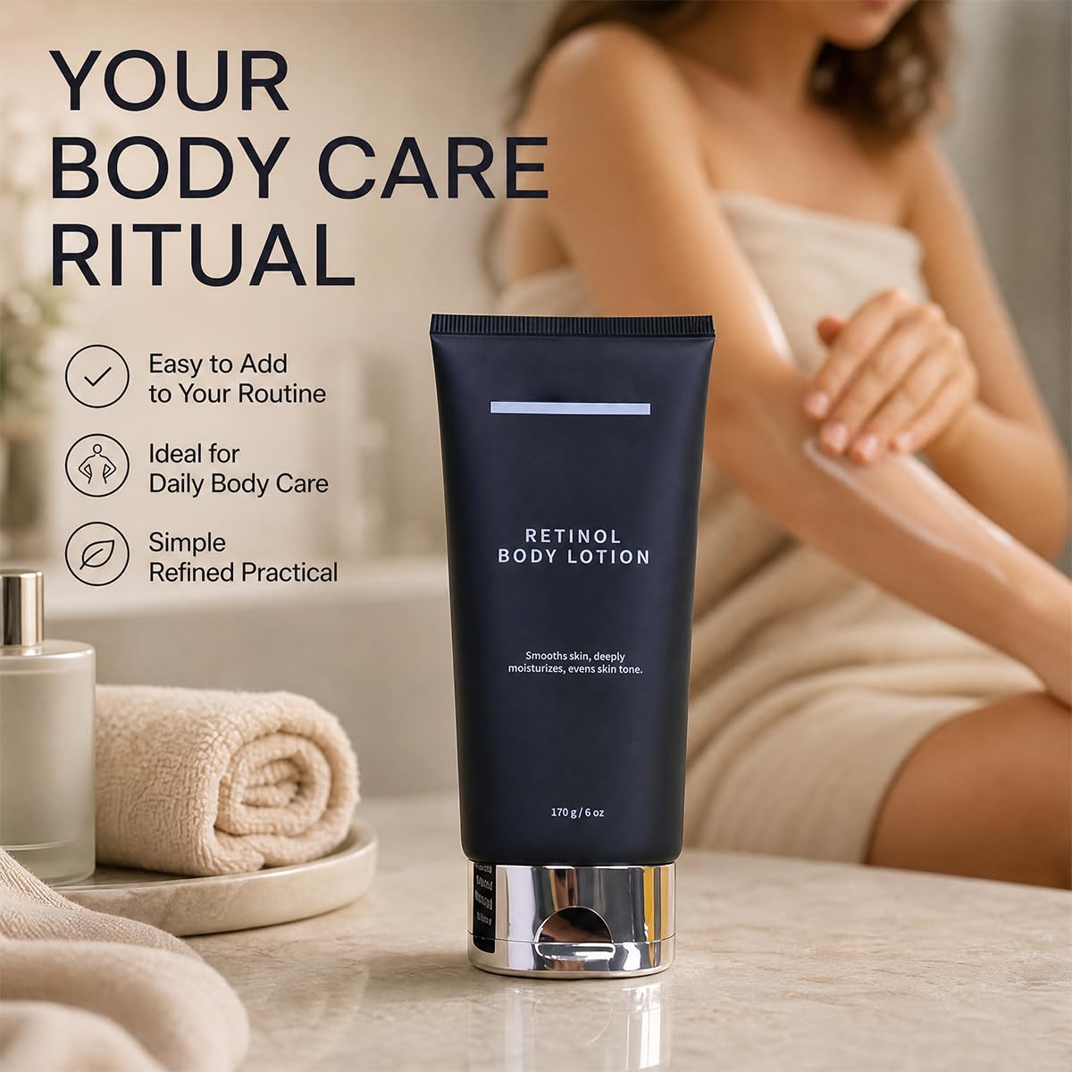 Generic brand using lotion on arms and legs for full-body smoothing and nourishment