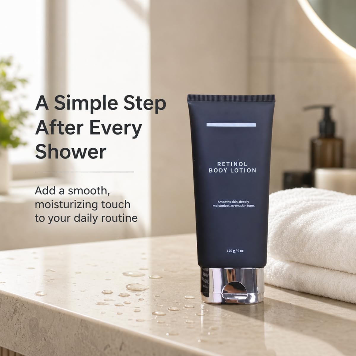 Generic brand bottle on bathroom counter conveying everyday routine convenience