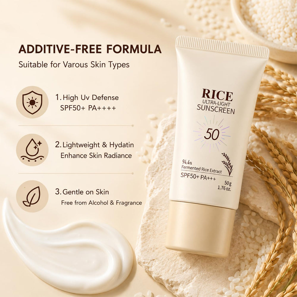 Generic rice sunscreen label highlighting rice extract and gentle formula