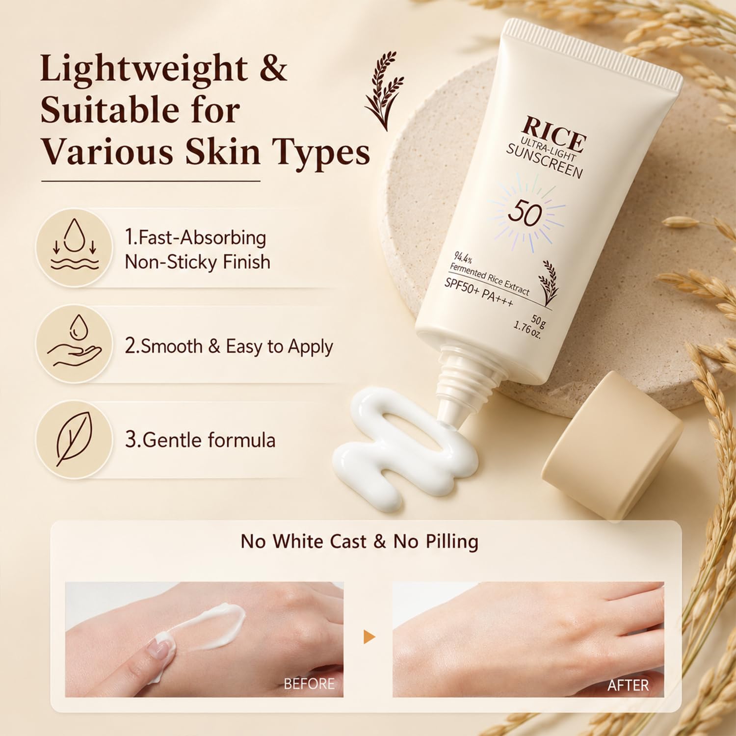 Generic rice sunscreen creamy texture close-up demonstrating quick absorption
