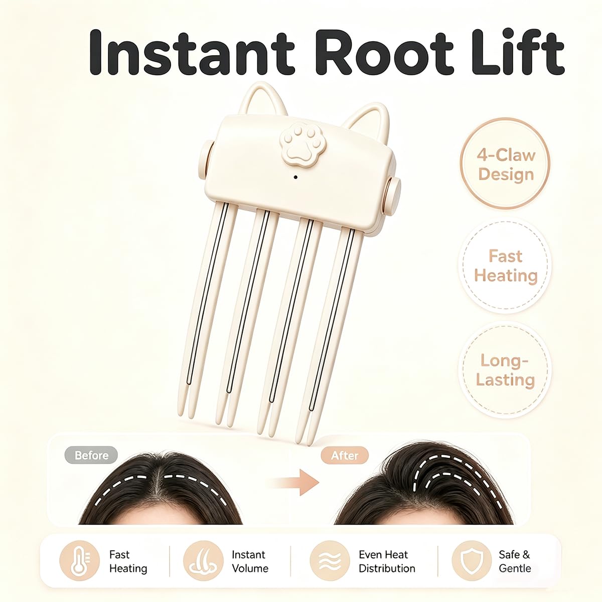 Generic heated root volumizer side profile highlighting ergonomic shape and control benefit