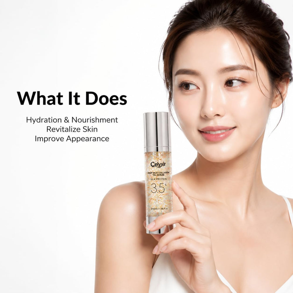 Generic brand lifestyle image of serum applied to shoulder, conveys hydrated radiance