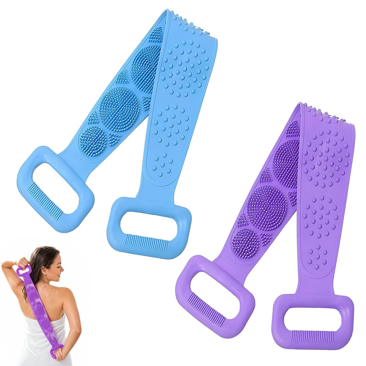 Generic silicone back scrubber front view showing full length and dual colors, promotes easier cleaning