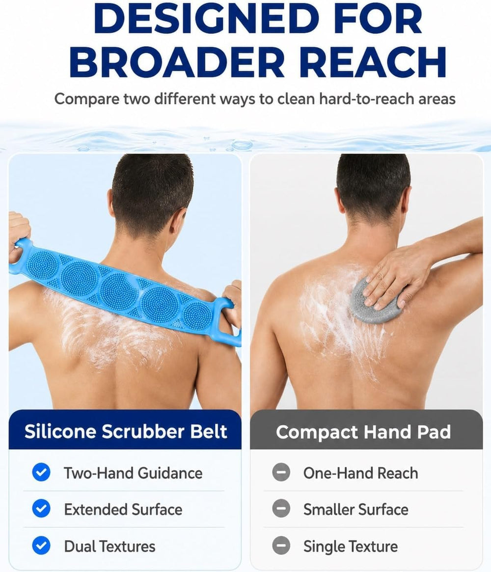 Generic scrubber in shower use demonstrating easy back cleaning and control