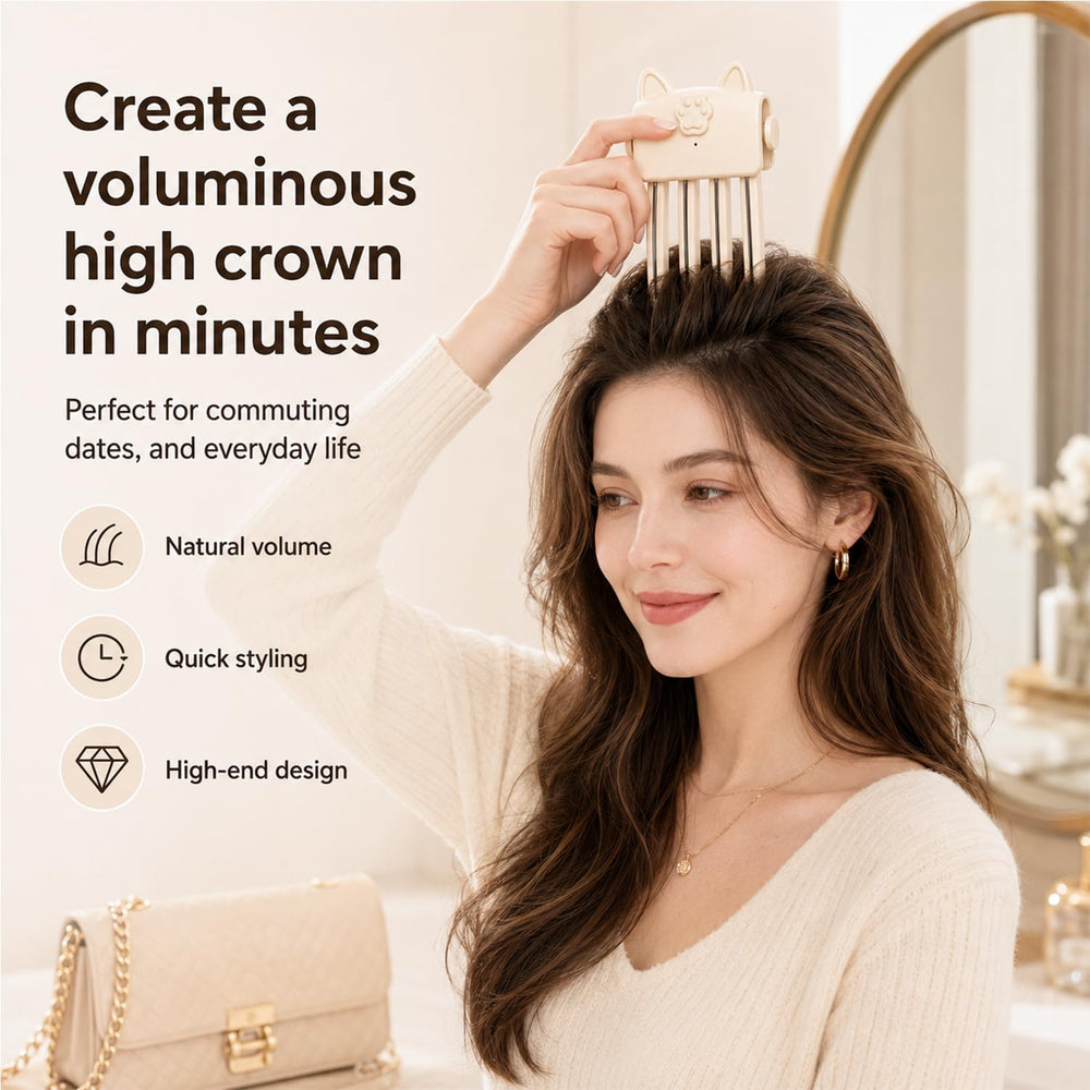 Generic volumizer in a travel bag next to toiletries showing USB-C charging and on-the-go readiness