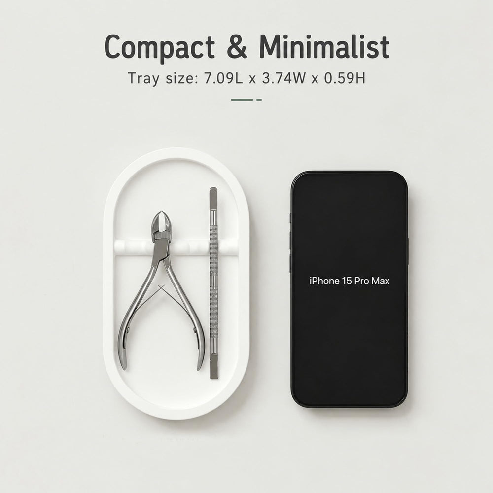 Generic brand tray beside a ruler showing compact size for tight vanities benefit