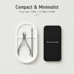 Generic brand tray beside a ruler showing compact size for tight vanities benefit