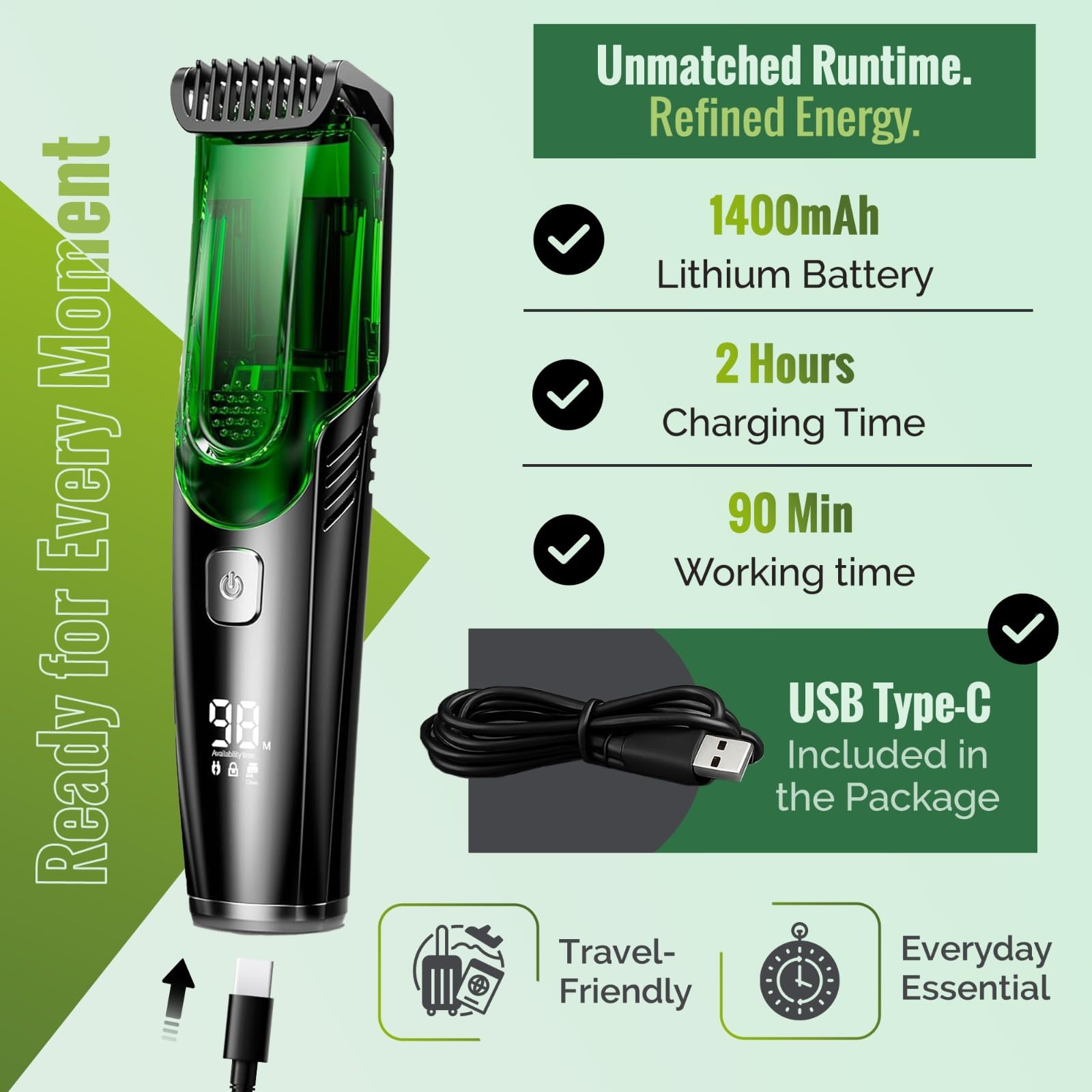 Generic trimmer with USB-C cable showing fast recharging and travel convenience