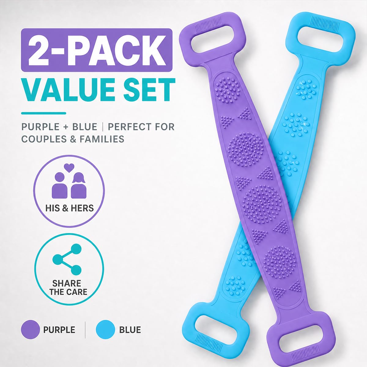 Generic two-pack in blue and purple displayed in a bathroom lifestyle scene for family use