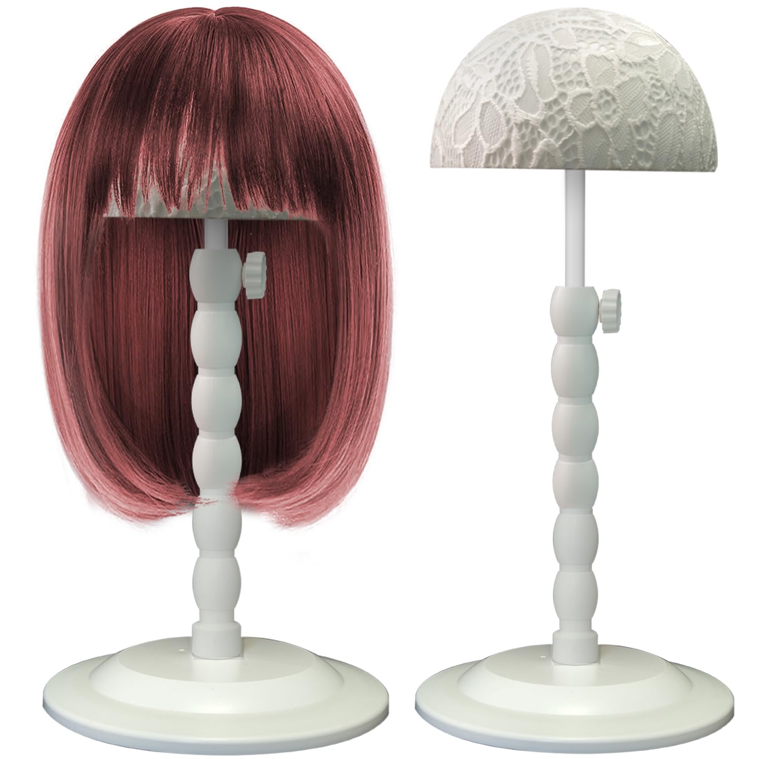Generic wig stand front view showing stable base and clean white finish for reliable display