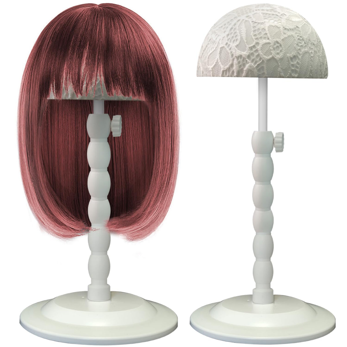 Generic wig stand front view showing stable base and clean white finish for reliable display