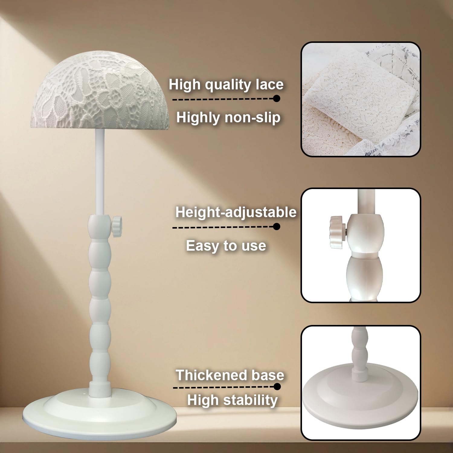 Generic wig stand shown with measuring tape to display 12–19 inch adjustable range