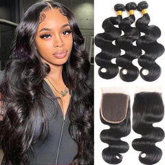 GENEROUS front view of bundles with closure showing natural black finish and salon-ready look