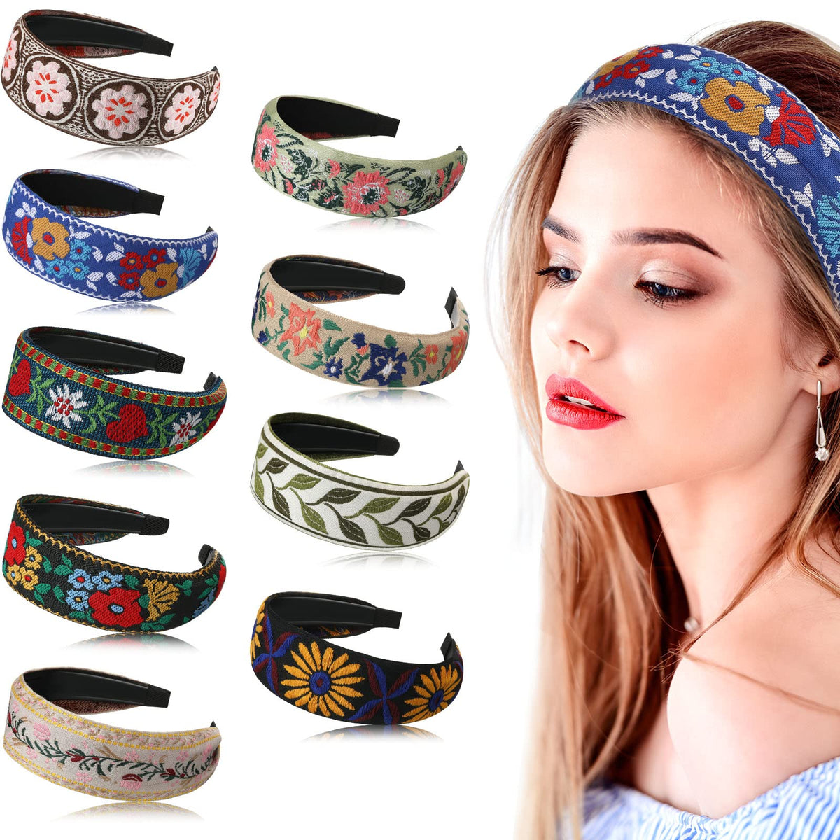 Geosar front view of nine headbands showing full set and colors