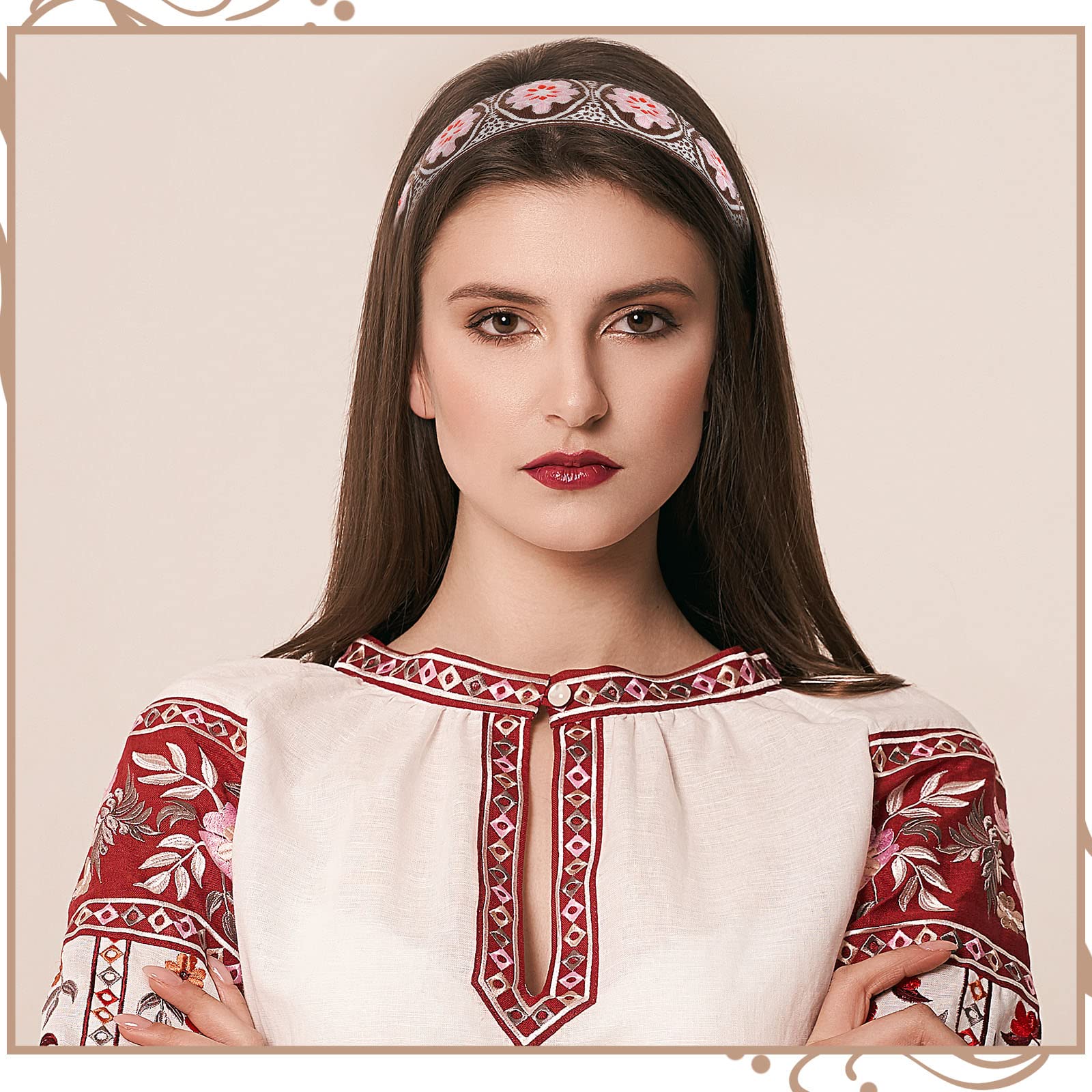 Geosar on model wearing a headband for styled boho look and practical hold