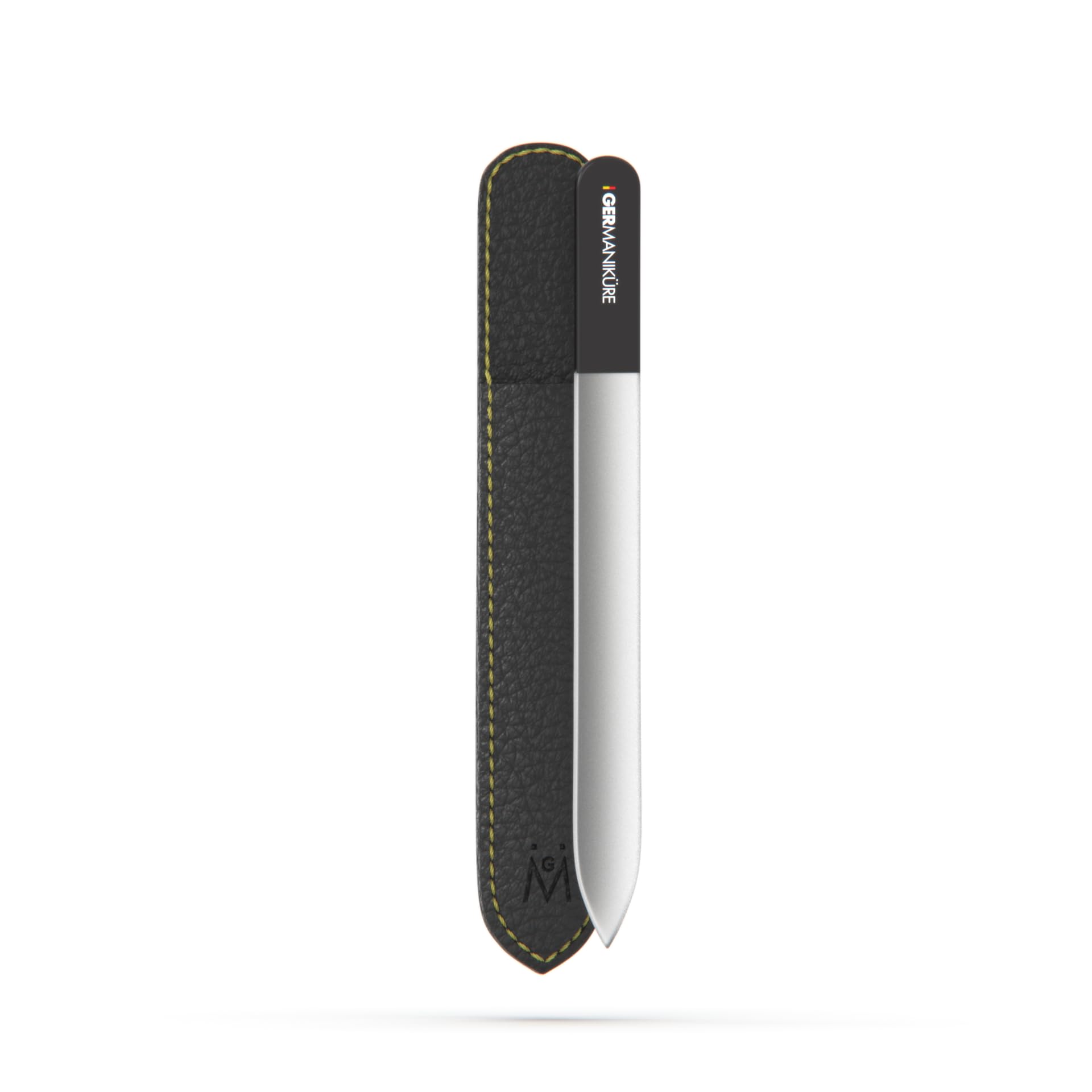 GERMANIKURE black glass nail file front view showing sleek design and precise shaping benefit
