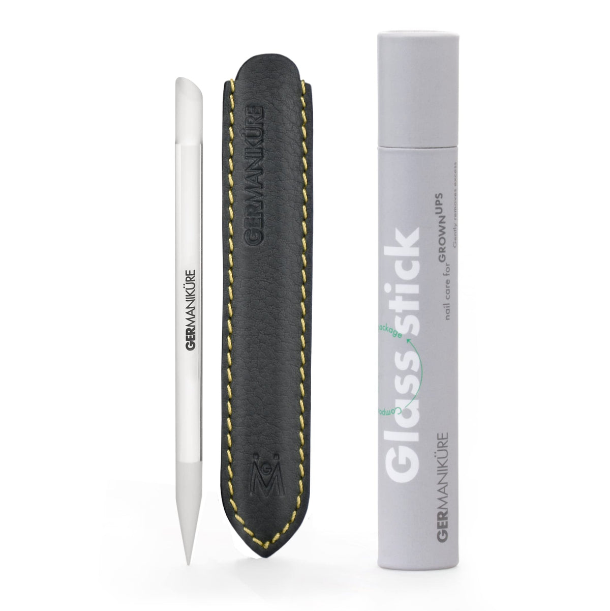 GERMANIKURE glass cuticle pusher front view showing clarity and precision for neat nails