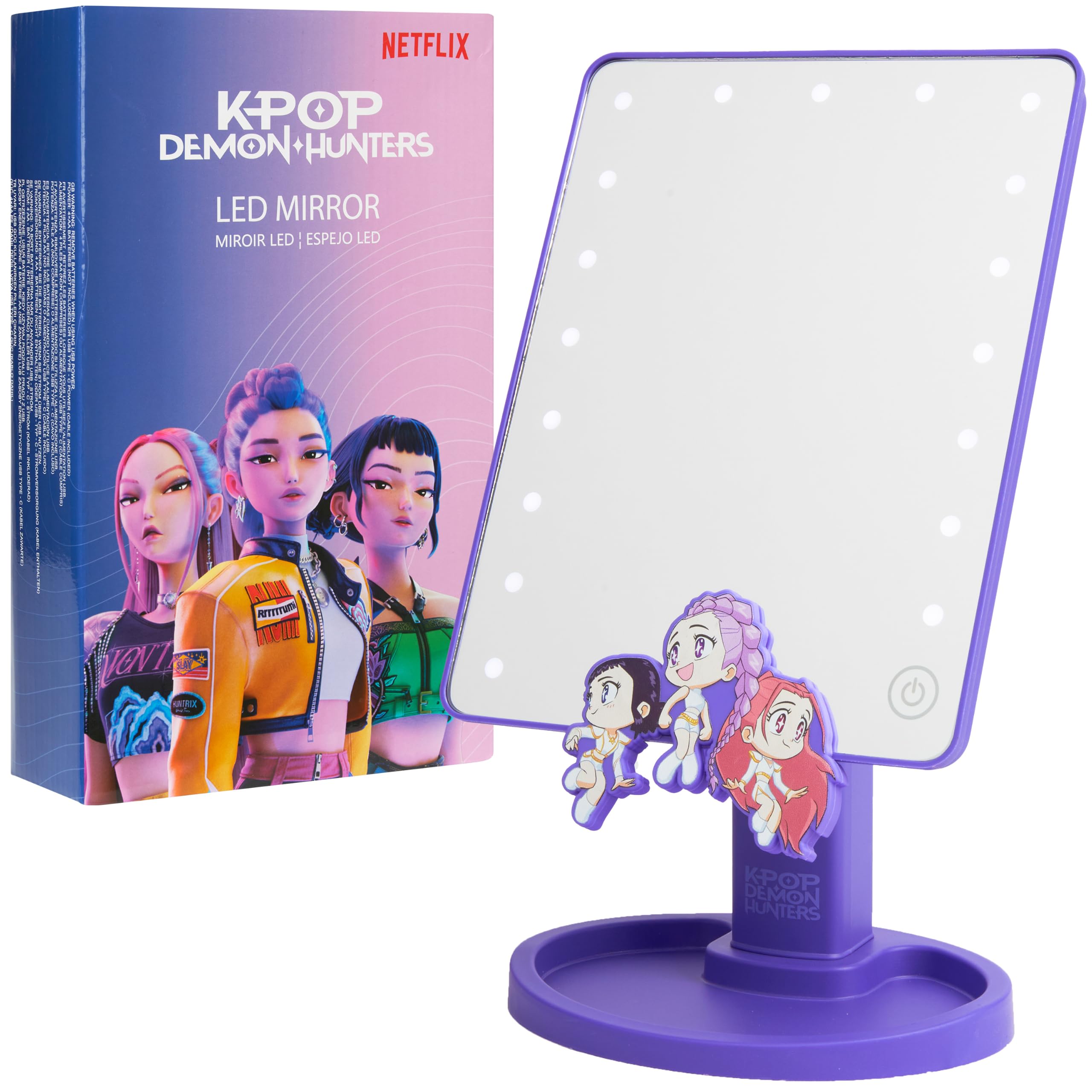 Get Trend front view of lighted mirror showing characters and bright reflection benefit