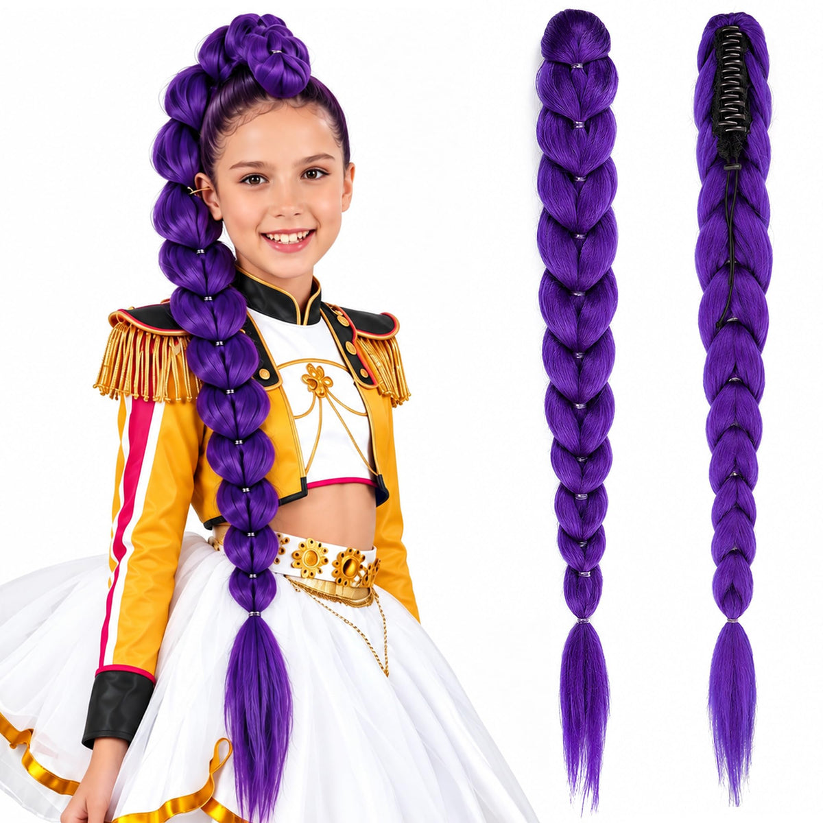 GetGal front view of purple braided ponytail showing vibrant color and packaging benefit